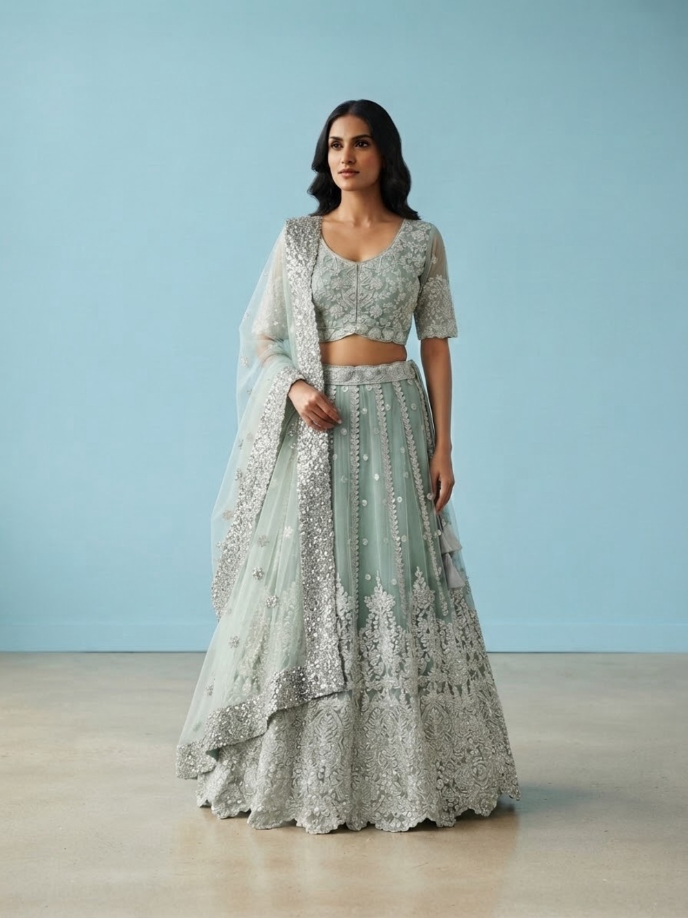 Light Green Bridal Embroidered Lehenga Choli Set